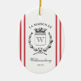  Franse familie Crest Red Grain Sack Stripe Keramisch Ornament