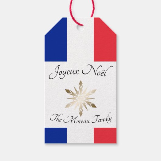 Franse familienaam Joyeux Noël Vlag en Sneeuwvlok Cadeaulabel (Voorkant)