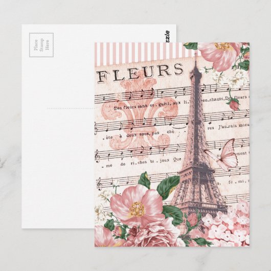 Franse Fleur Eiffel Tower Collage Pink Briefkaart (Voorkant / Achterkant)
