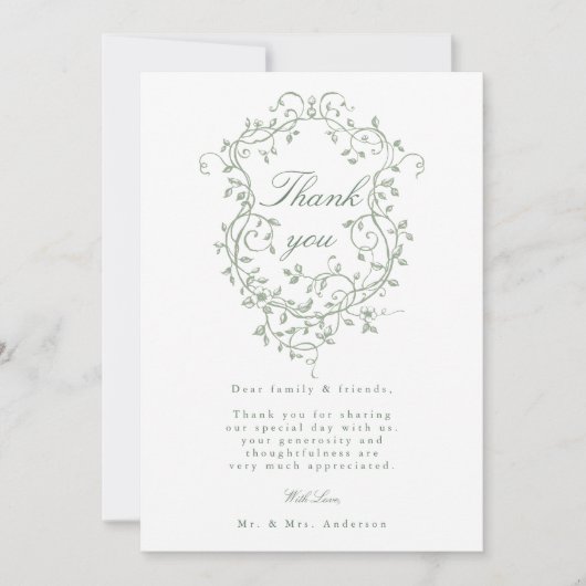 Franse Floral Sage Green Crest trouwfoto Bedankkaart (Voorkant)