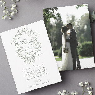 Franse Floral Sage Green Crest trouwfoto Bedankkaart