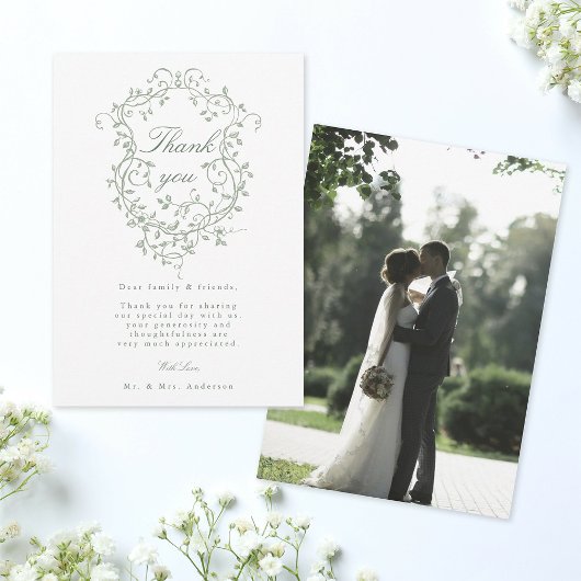 Franse Floral Sage Green Crest trouwfoto Bedankkaart