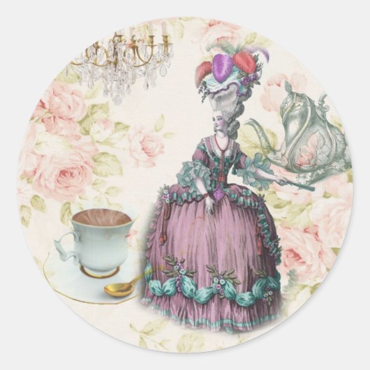 Franse florale Paris Tea Party Marie Antoinette Ronde Sticker (Voorkant)