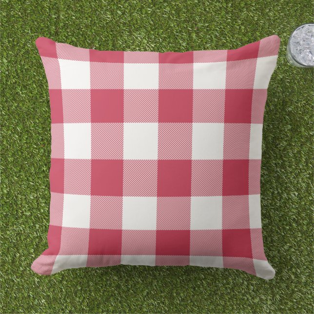 Franse framboos en witte buffelplaid buitenkussen (Gras)