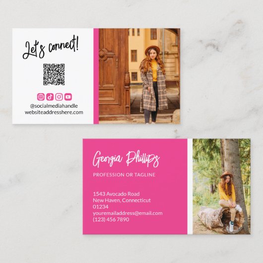 Franse Fuchsia Social Media Icons QR Code Foto Visitekaartje (Voorkant / Achterkant)