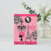 Franse gierige Eiffeltoren, puppy & Damask Elegant Briefkaart (Staand voorkant)