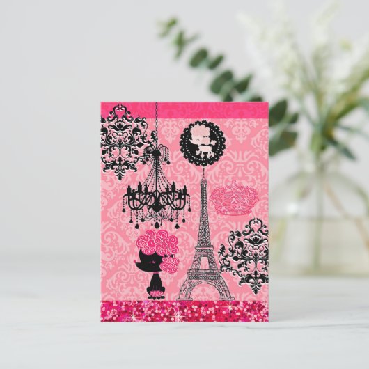 Franse gierige Eiffeltoren, puppy & Damask Elegant Briefkaart (Staand voorkant)