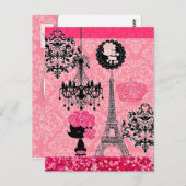 Franse gierige Eiffeltoren, puppy & Damask Elegant Briefkaart (Voorkant / Achterkant)