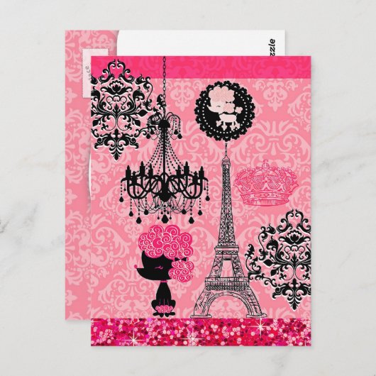 Franse gierige Eiffeltoren, puppy & Damask Elegant Briefkaart (Voorkant / Achterkant)
