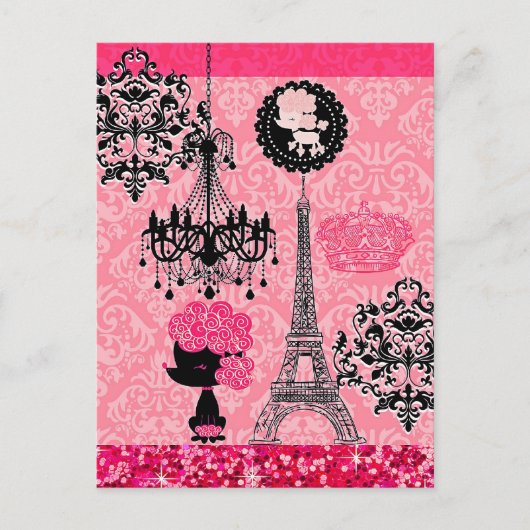 Franse gierige Eiffeltoren, puppy & Damask Elegant Briefkaart (Voorkant)