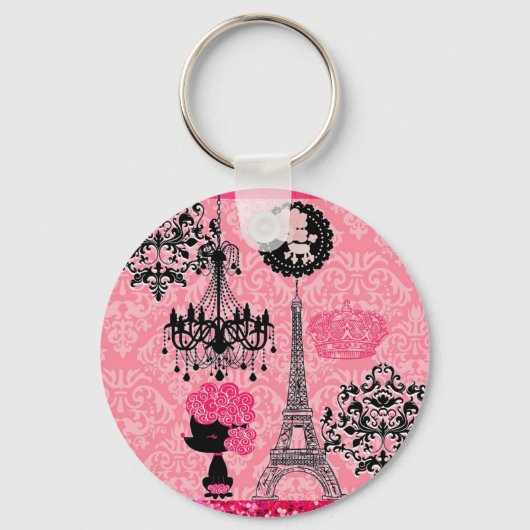 Franse gierige Eiffeltoren, puppy & Damask Elegant Sleutelhanger (Voorkant)