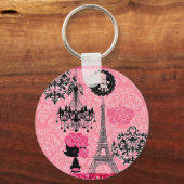Franse gierige Eiffeltoren, puppy & Damask Elegant Sleutelhanger (Voorkant)