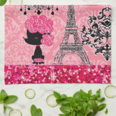 Franse gierige Eiffeltoren, puppy & Damask Elegant Theedoek (Gevouwen)