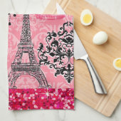 Franse gierige Eiffeltoren, puppy & Damask Elegant Theedoek (Quarter Fold)