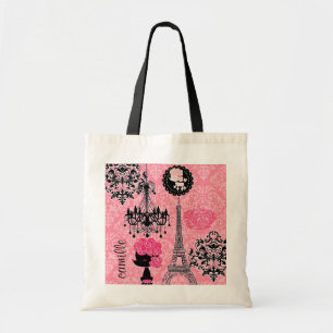 Franse gierige Eiffeltoren, puppy & Damask Elegant Tote Bag
