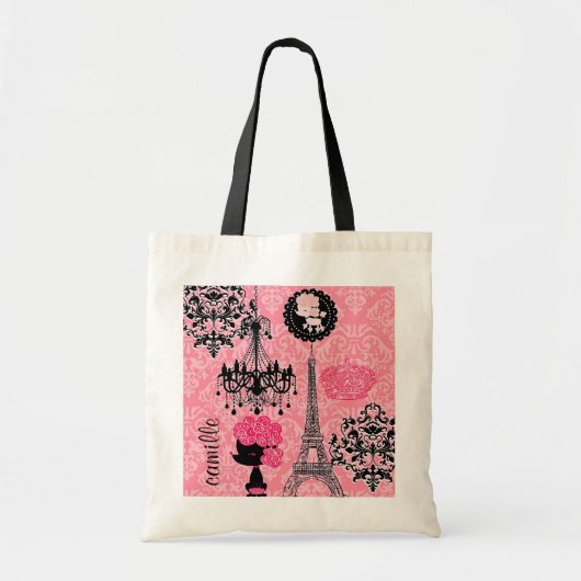 Franse gierige Eiffeltoren, puppy & Damask Elegant Tote Bag (Voorkant)