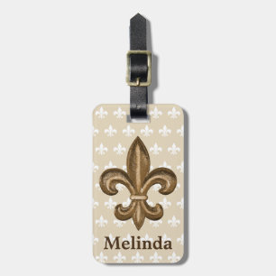 Franse Gold Fleur de Lis Crest en naam Bagagelabel