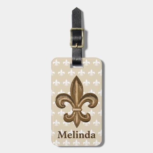 Franse Gold Fleur de Lis Crest en naam Bagagelabel (Voorkant verticaal)