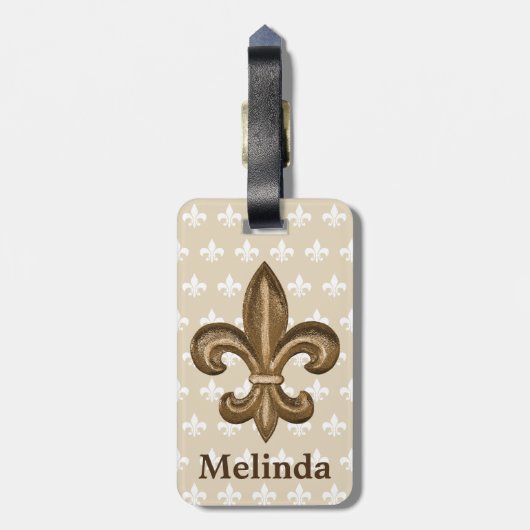Franse Gold Fleur de Lis Crest en naam Bagagelabel (Achterkant verticaal)