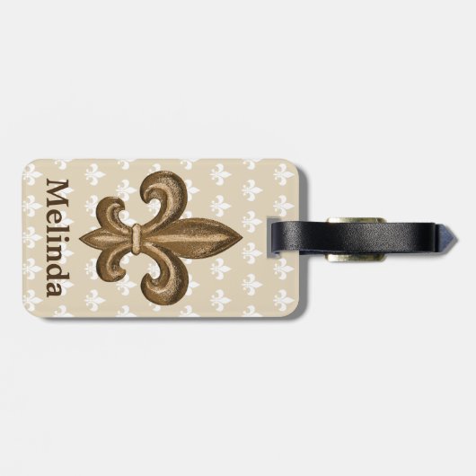 Franse Gold Fleur de Lis Crest en naam Bagagelabel (Achterkant horizontaal)