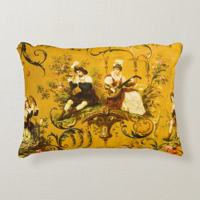  Franse Gouden Gele Toile Victoriaans Bloemen Accent Kussen (Voorkant)