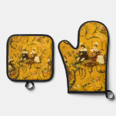  Franse Gouden Gele Toile Victoriaans Bloemen Ovenwant & Pannenlap Set (Voorkant)