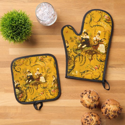  Franse Gouden Gele Toile Victoriaans Bloemen Ovenwant & Pannenlap Set (Top down)