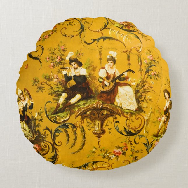  Franse Gouden Gele Toile Victoriaans Bloemen Rond Kussen (Voorkant)