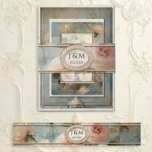 Franse Gouden Klassieke Bloemen Blauw en Roze Huwe Uitnodigingen Wikkel