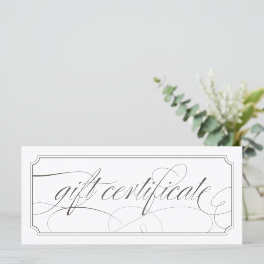Franse grijze Elegant Script Cadeaubonnen (Staand voorkant)
