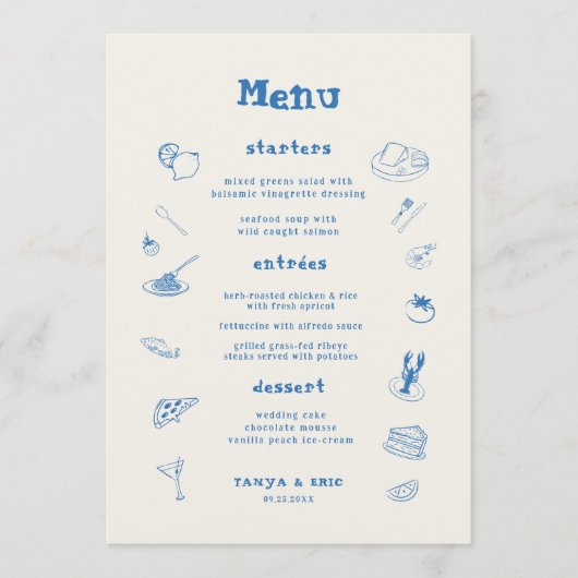 Franse hand getekend grillige illustraties bruilof menu (Voorkant)