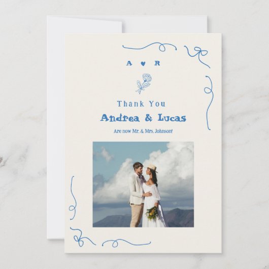 Franse Hand Getrokken Boog Monogram Blauw Foto Huw Bedankkaart (Voorkant)