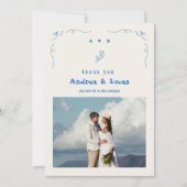 Franse Hand Getrokken Boog Monogram Blauw Foto Huw Bedankkaart (Voorkant)