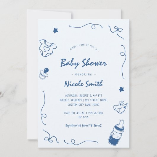 Franse Hand getrokken Doodle Fun Scribble Baby sho Kaart (Voorkant)