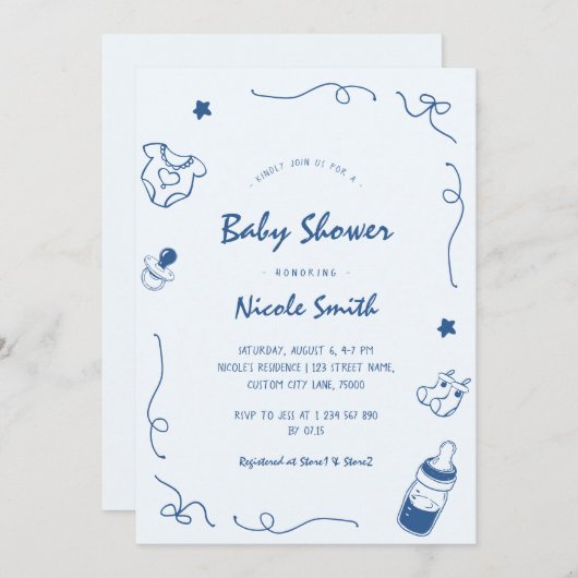 Franse Hand getrokken Doodle Fun Scribble Baby sho Kaart (Voorkant / Achterkant)