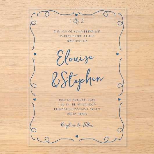 Franse Hand getrokken grillige Doodle Lijst bruilo Acryl Uitnodigingen (Voorkant)