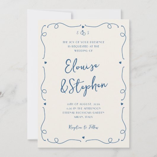 Franse Hand getrokken grillige Doodle Lijst bruilo Kaart (Voorkant)