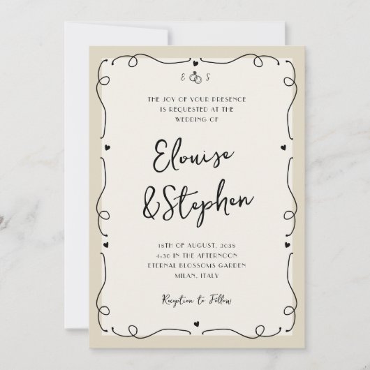 Franse  Hand Getrokken Whimsical Lijst Wedding Kaart (Voorkant)