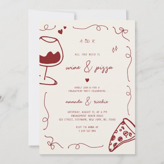 Franse Hand Getrokken Wijn & Pizza Engagement Part Kaart (Voorkant)