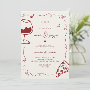 Franse Hand Getrokken Wijn & Pizza Engagement Part Kaart