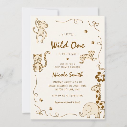 Franse Hand getrokken Wild One Safari Baby shower Kaart (Voorkant)
