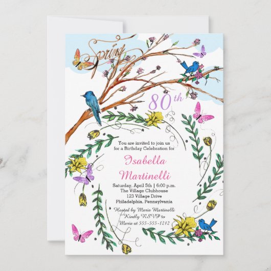  Franse handgetekende Florals 80e verjaardag Kaart (Voorkant)