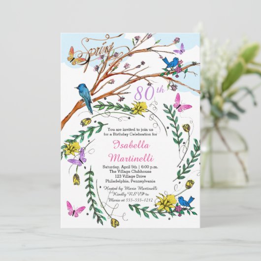  Franse handgetekende Florals 80e verjaardag Kaart (Staand voorkant)