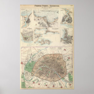 Franse havens en havens en Plan van Parijs Poster