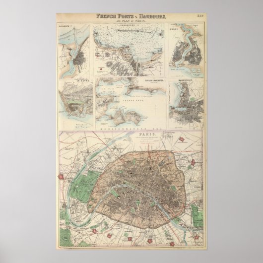 Franse havens en havens en Plan van Parijs Poster (Voorkant)