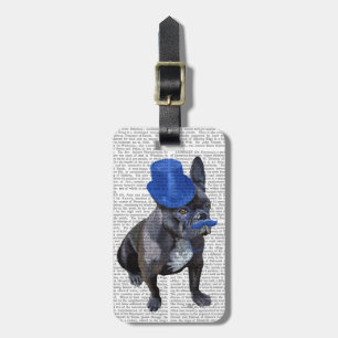 Franse hond met blauw bovenste hak en snor bagagelabel