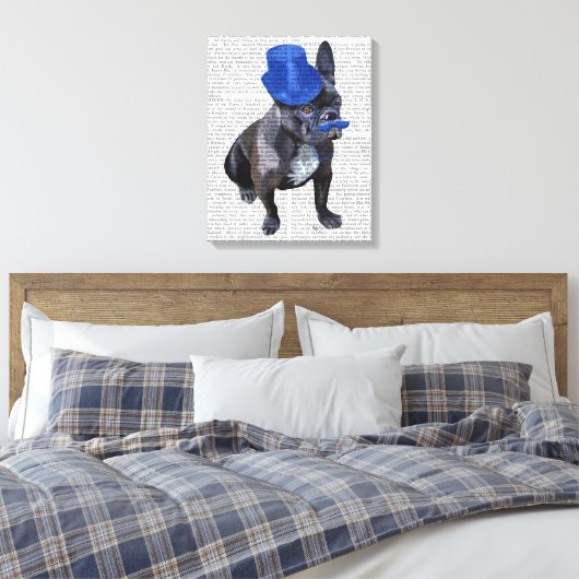 Franse hond met blauw bovenste hak en snor canvas afdruk (Insitu (Slaapkamer))