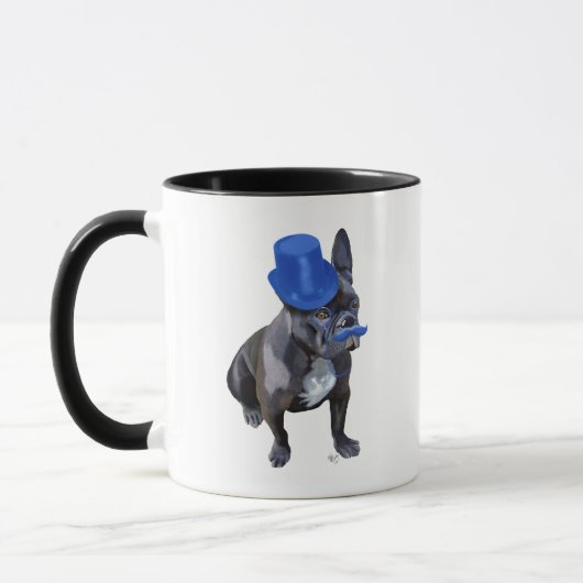 Franse hond met blauw bovenste hak en snor mok (Links)