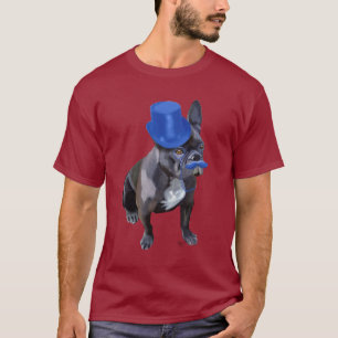 Franse hond met blauw bovenste hak en snor t-shirt