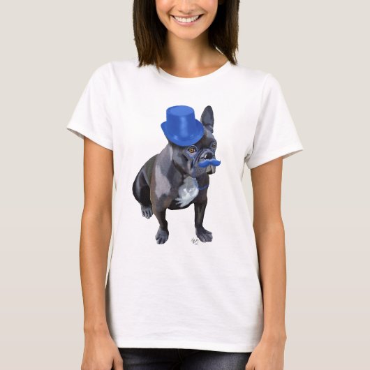 Franse hond met blauw bovenste hak en snor t-shirt (Voorkant)